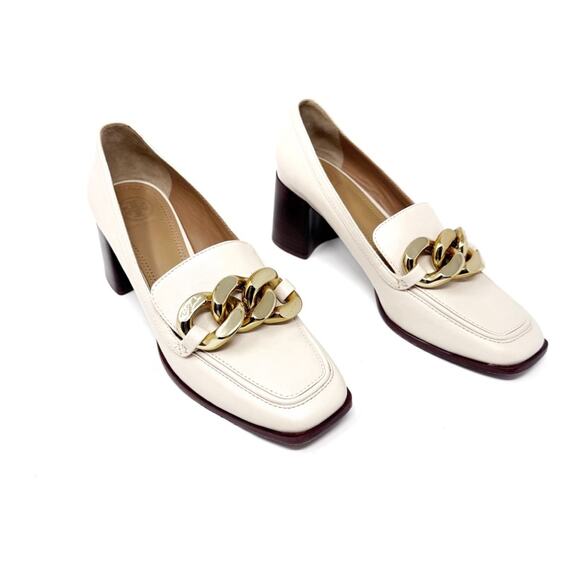 Tory Burch Adrien Chain Loafer Heels Ivory Leather Gold Hardware Size 7 - Picture 1 of 11